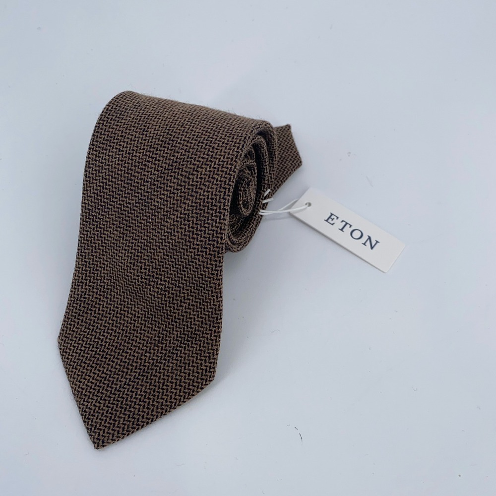 Eton Tie Mens One Size Brown Herringbone Wool Classic Fit Necktie Italy Made NWT